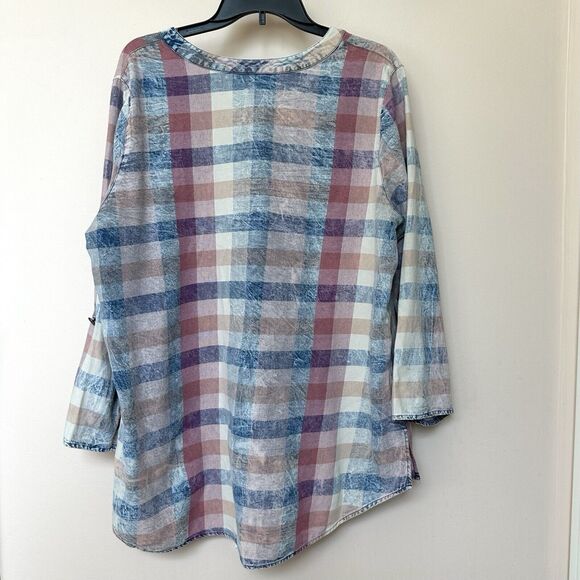 Ali Miles Tunic Women’s 1X Multicolor Plaid Check Pattern Top 3/4 Sleeve Cotton - Picture 3 of 8